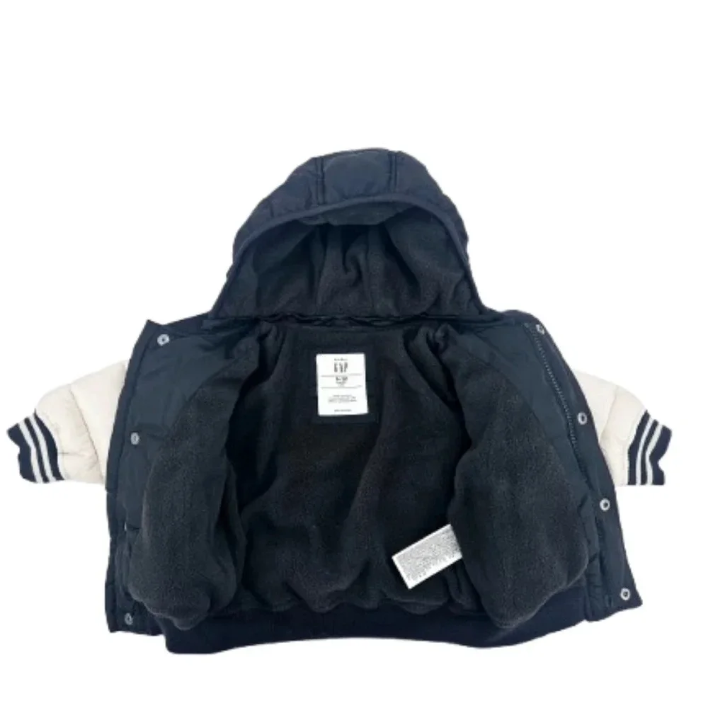 Baby Gap Puffer Jacket 6-12 Months Hooded Navy Varsity Style Warm Winter Coat